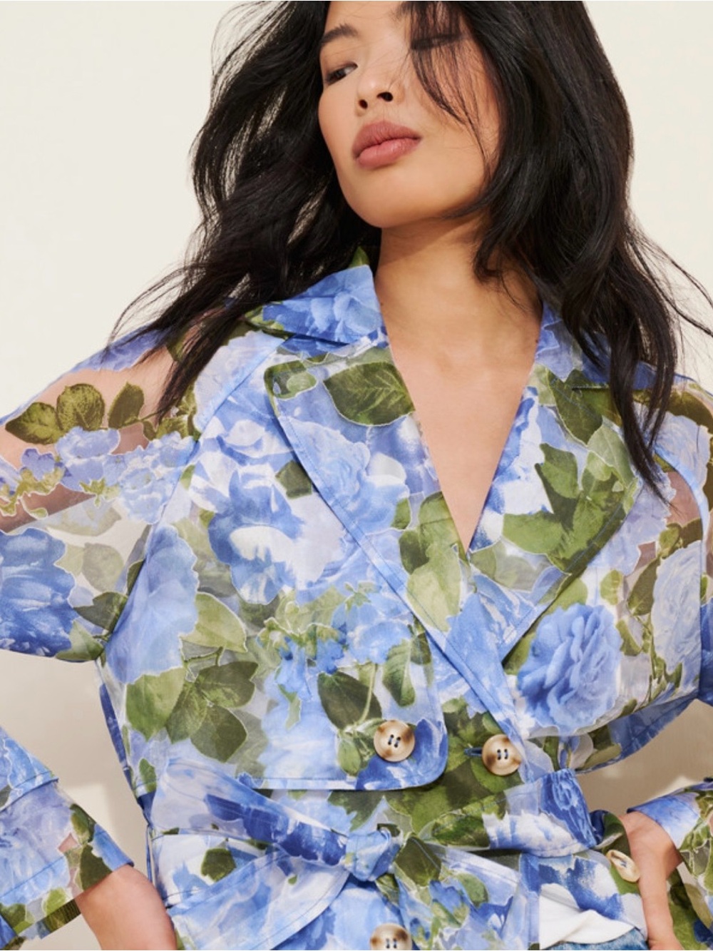 Sheer Blue Floral Trench Coat - Women